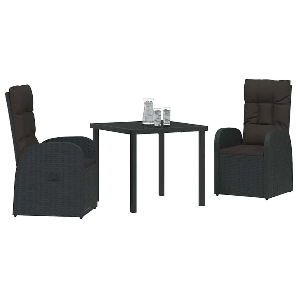 Outdoor Dining Set Black 3 Piece Rattan Furniture with Tempered Glass Table