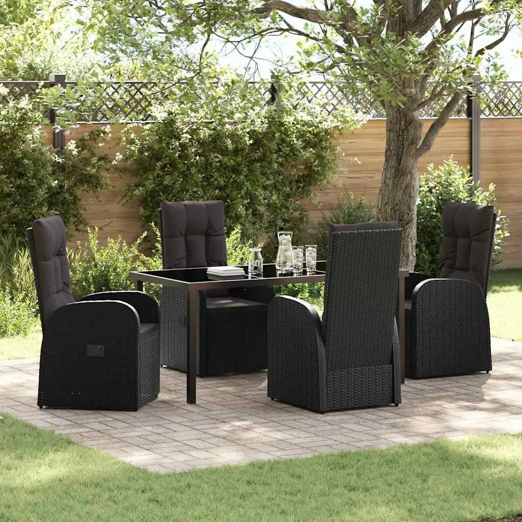 Outdoor Dining Set Black 5 Piece Poly Rattan Garden Furniture with Tempered Glass Tabletop