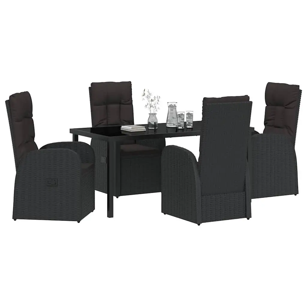 Outdoor Dining Set Black 5 Piece Poly Rattan Garden Furniture with Tempered Glass Tabletop