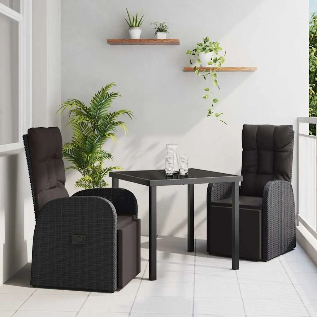 Outdoor Garden Dining Set Black 3 Piece Adjustable Backrest Poly Rattan Chairs Table with Cushion