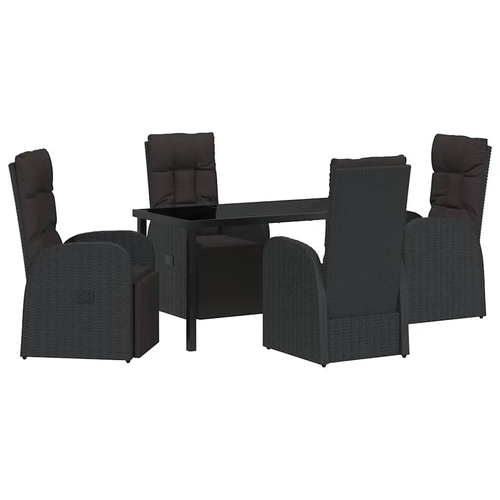 Outdoor Dining Set Black 5 Piece Poly Rattan Garden Furniture with Tempered Glass Table Top and Adjustable Backrest Chairs