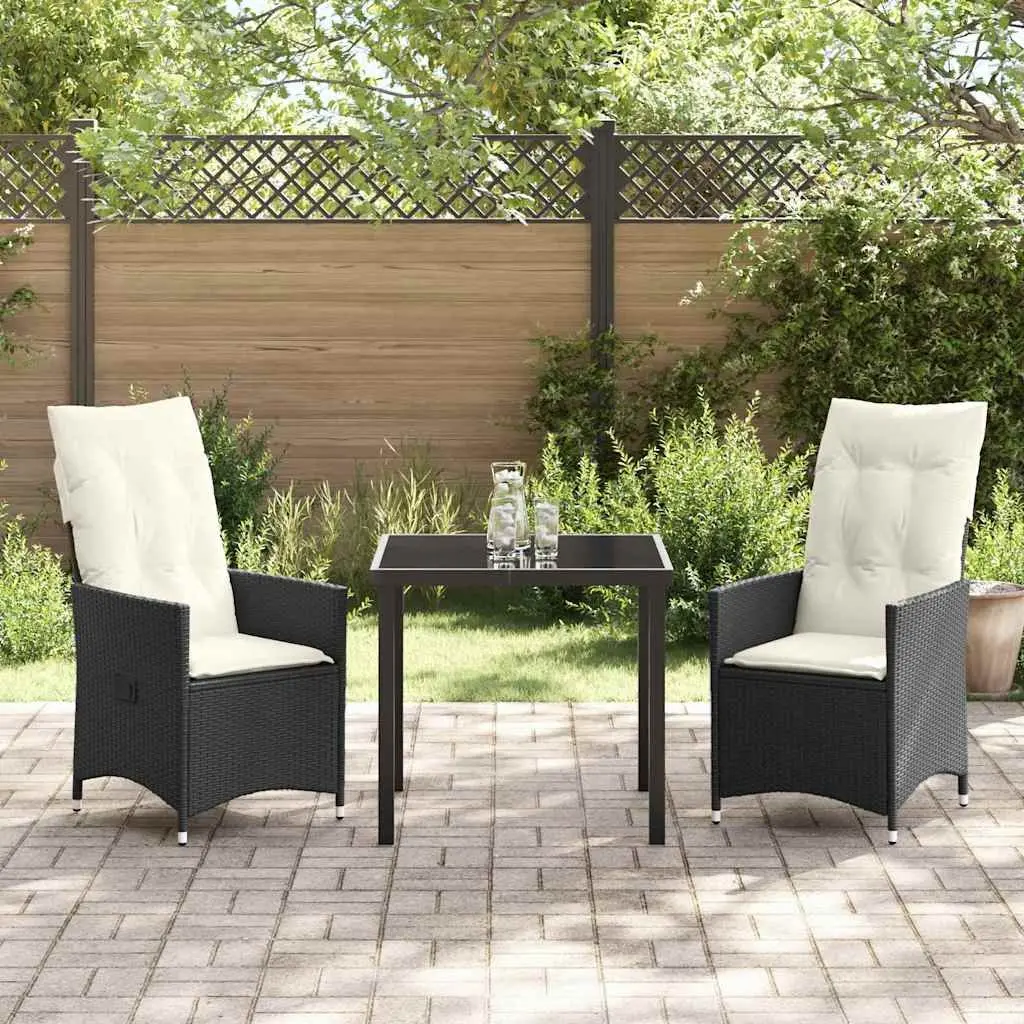 Garden Dining Set Black 3 Pieces Poly Rattan Outdoor Furniture with Adjustable Backrests and Tempered Glass Tabletop