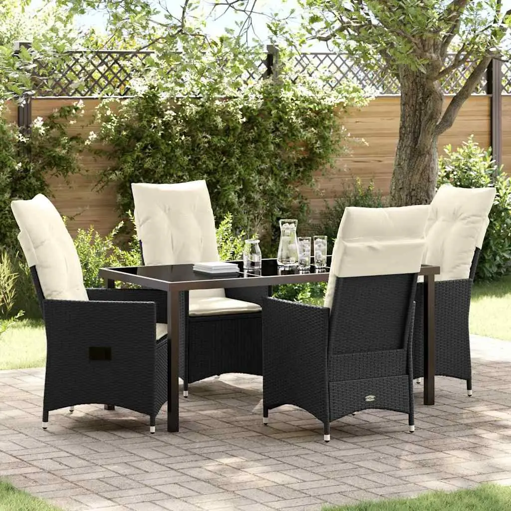 Outdoor Dining Set Black 5 Piece Poly Rattan Patio Furniture with Tempered Glass Table Adjustable Backrests Removable Cushion Covers