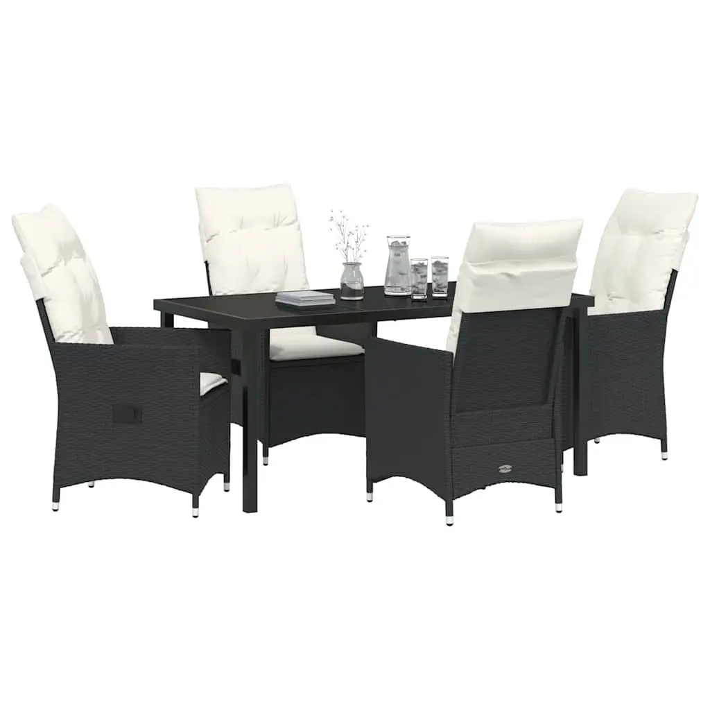 Outdoor Dining Set Black 5 Piece Poly Rattan Patio Furniture with Tempered Glass Table Adjustable Backrests Removable Cushion Covers