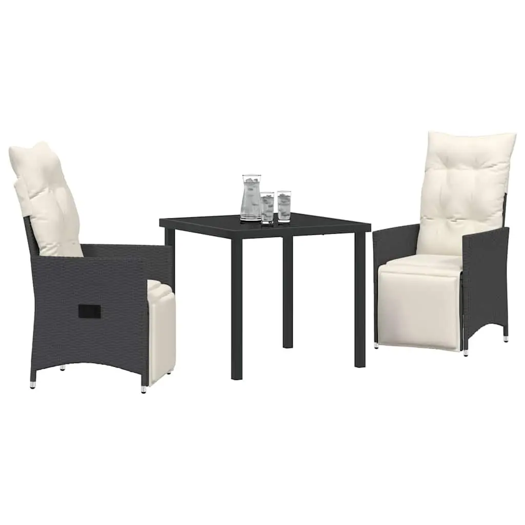 Outdoor Dining Set Black 3 Pieces Poly Rattan Garden Patio Furniture with Tempered Glass Tabletop and Cushioned Seats