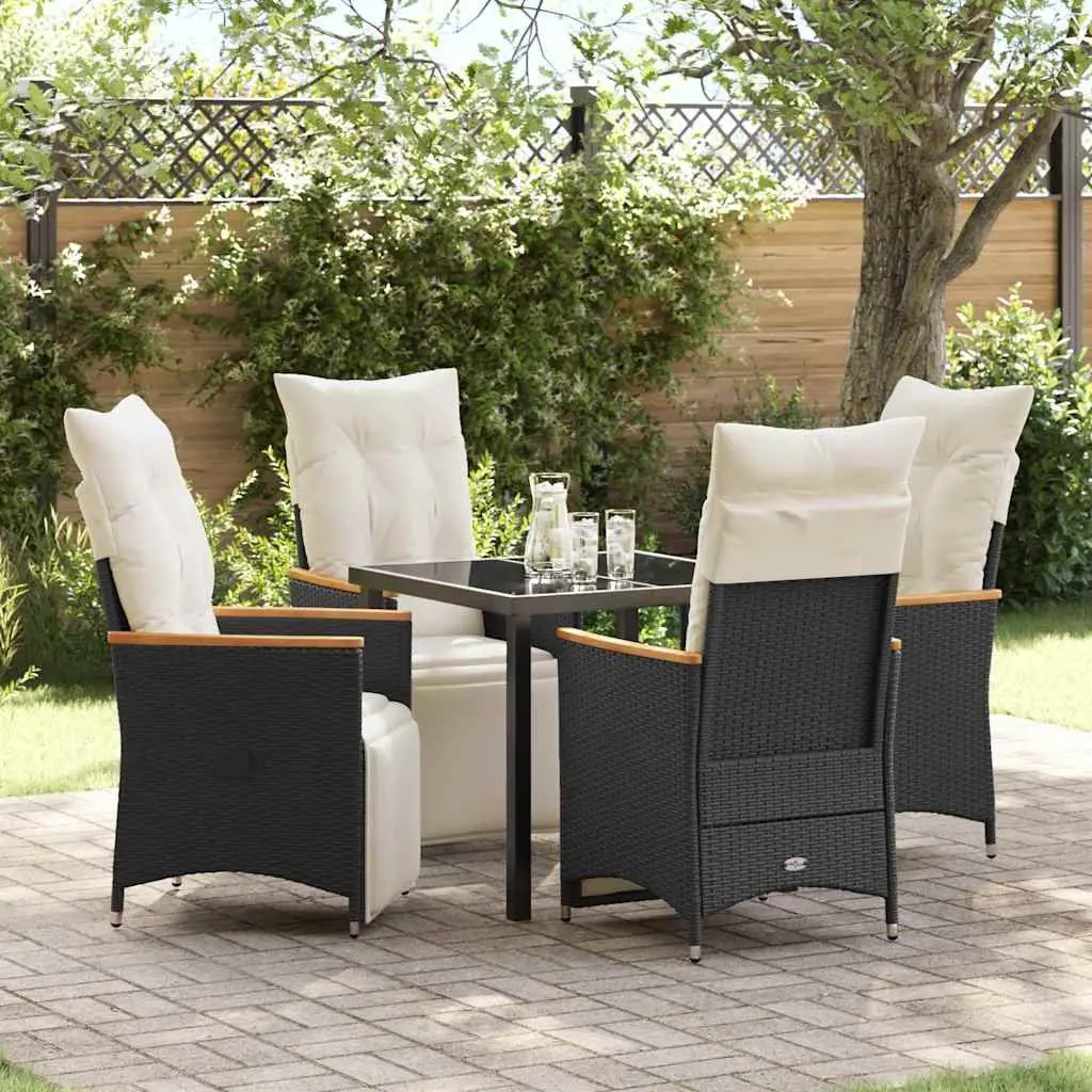 5 Piece Garden Dining Set Black Poly Rattan Outdoor Furniture with Adjustable Backrests and Tempered Glass Table Top