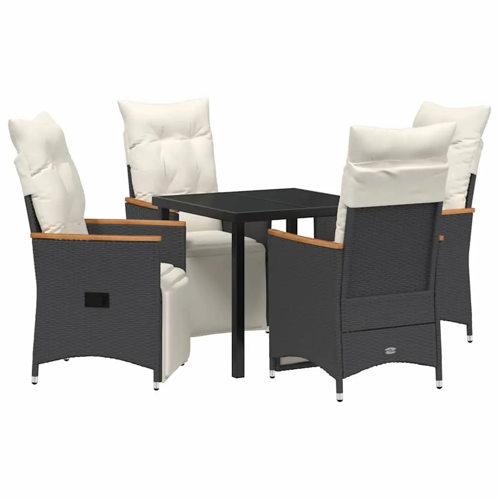 5 Piece Garden Dining Set Black Poly Rattan Outdoor Furniture with Adjustable Backrests and Tempered Glass Table Top
