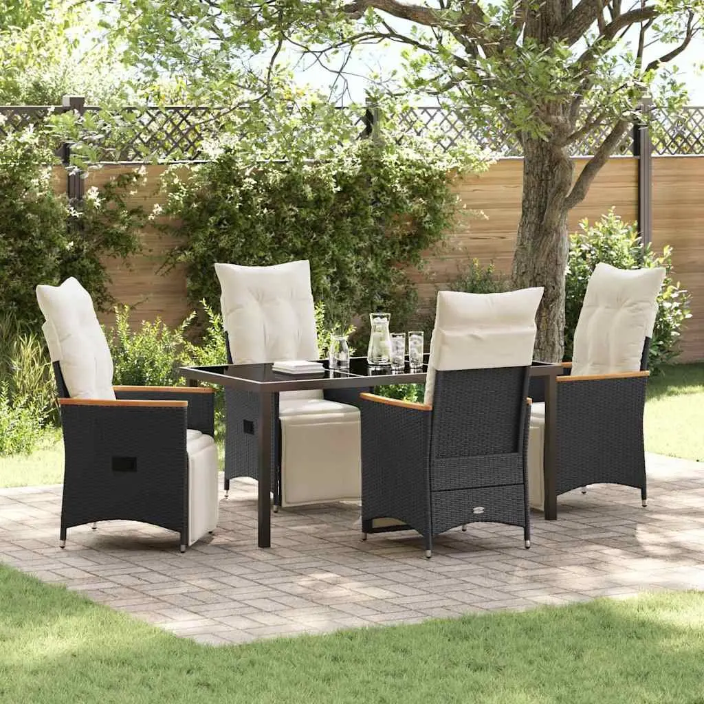 Outdoor Dining Set Black 5 Piece Poly Rattan Garden Furniture with Cushions