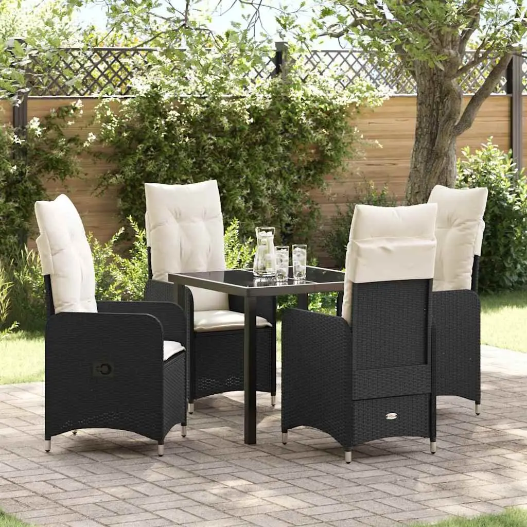 Garden Dining Set Black 5 Piece Outdoor Furniture Tempered Glass Table Cushioned Chairs