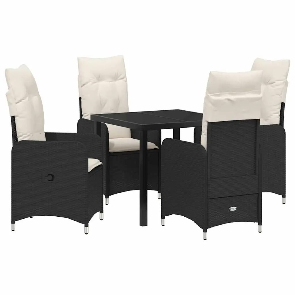 Garden Dining Set Black 5 Piece Outdoor Furniture Tempered Glass Table Cushioned Chairs