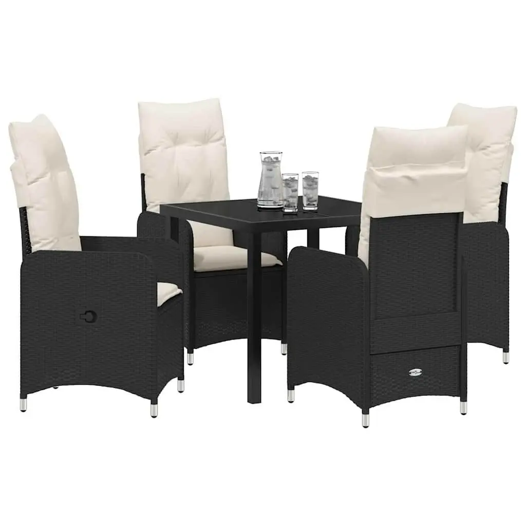 Garden Dining Set Black 5 Piece Outdoor Furniture Tempered Glass Table Cushioned Chairs