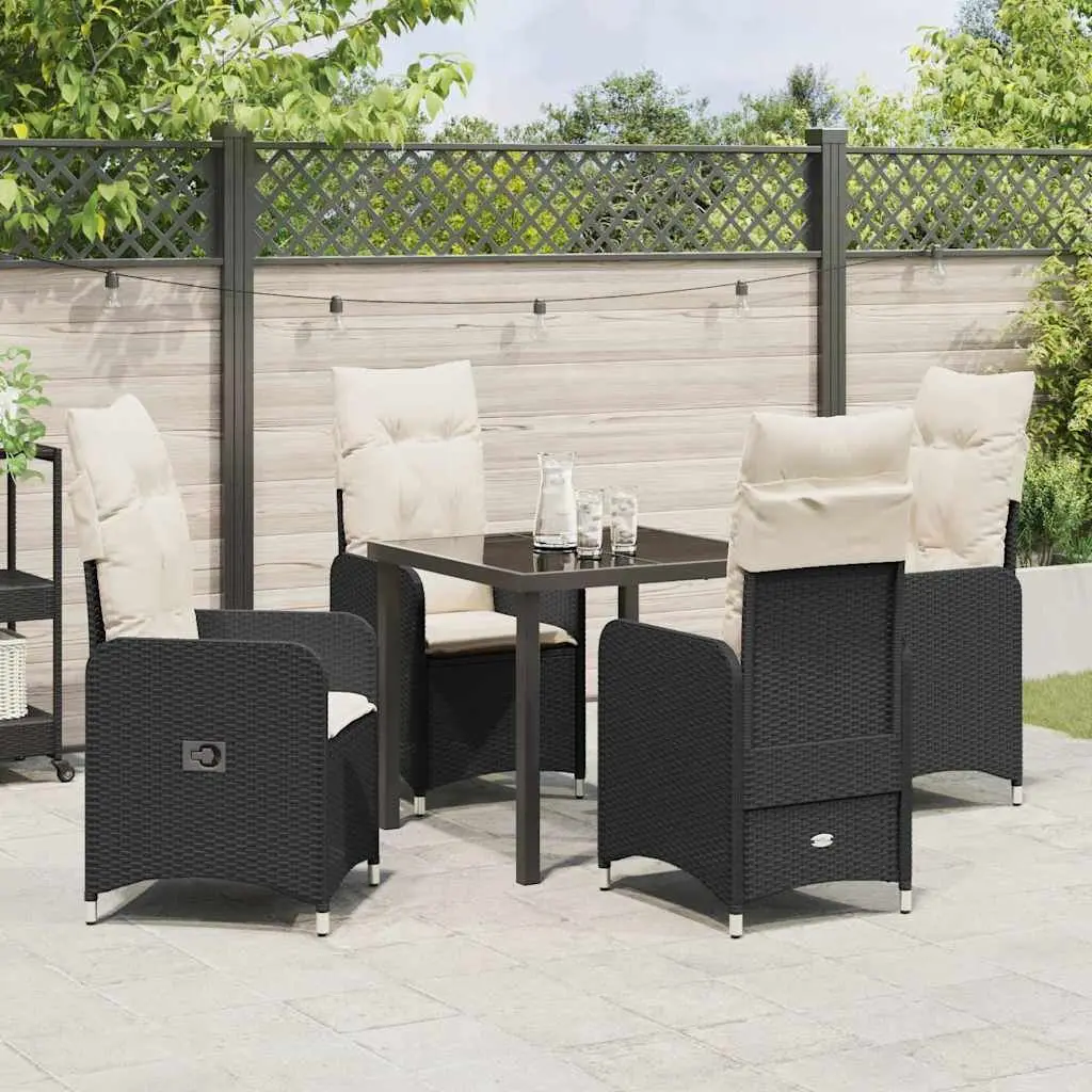 Garden Dining Set Black 5 Piece Outdoor Furniture Tempered Glass Table Cushioned Chairs