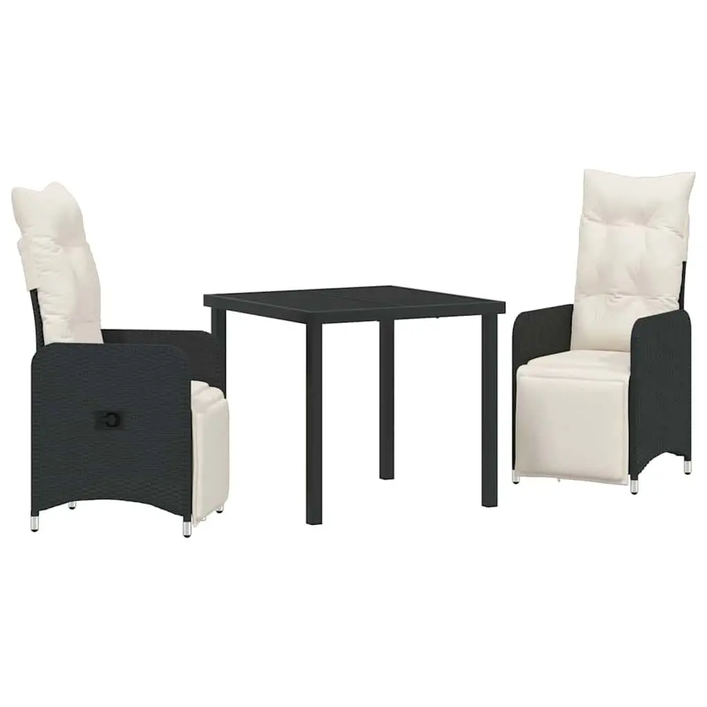 Garden Dining Set 3 Pieces Outdoor Furniture Black Poly Rattan Cushioned Chairs