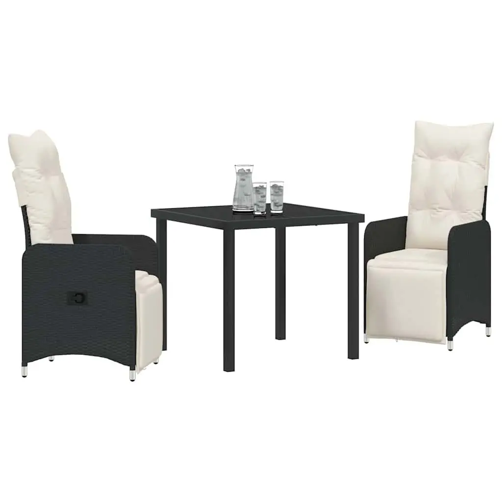 Garden Dining Set 3 Pieces Outdoor Furniture Black Poly Rattan Cushioned Chairs