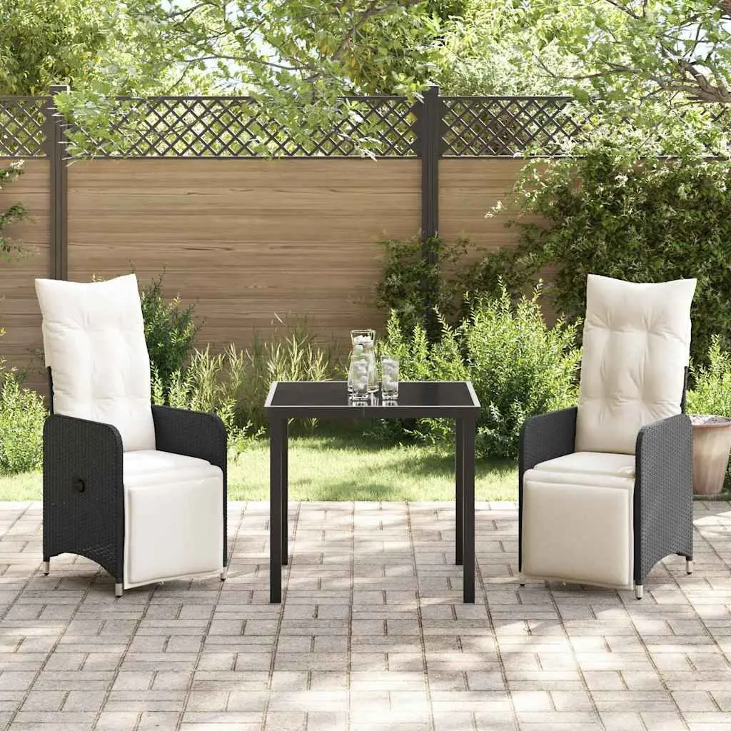 Garden Dining Set 3 Pieces Outdoor Furniture Black Poly Rattan Cushioned Chairs