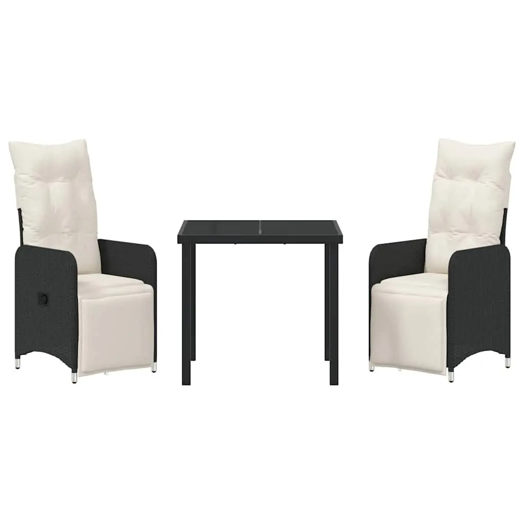 Garden Dining Set 3 Pieces Outdoor Furniture Black Poly Rattan Cushioned Chairs