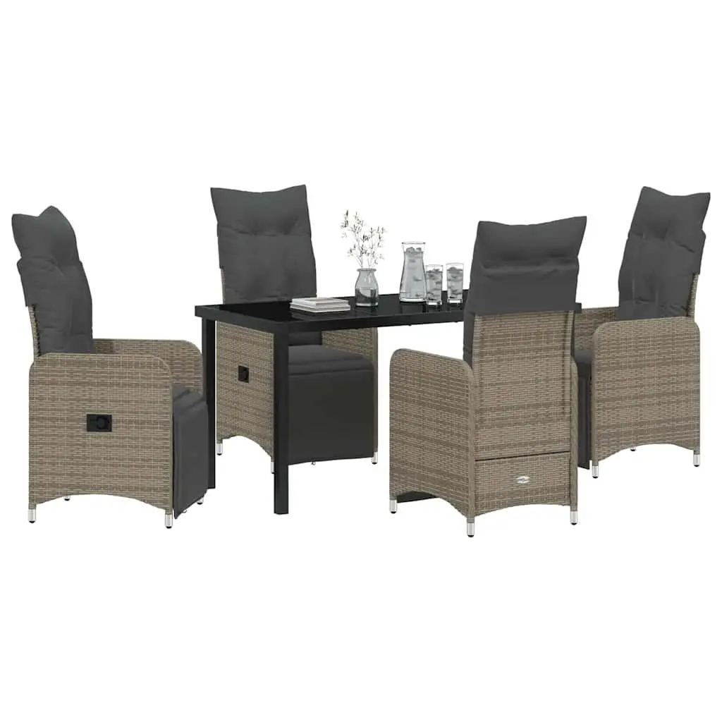 Garden Dining Set Grey 5 Piece Outdoor Furniture Powder Coated Steel Frame Tempered Glass Table Adjustable Backrest Chairs
