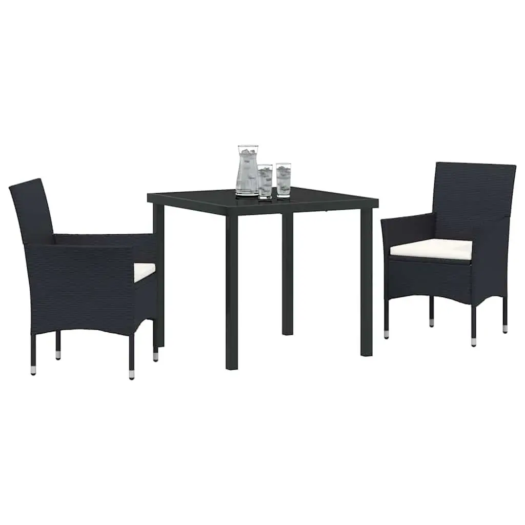 Outdoor Dining Set Black 3 Piece Cushioned Poly Rattan Chairs Table