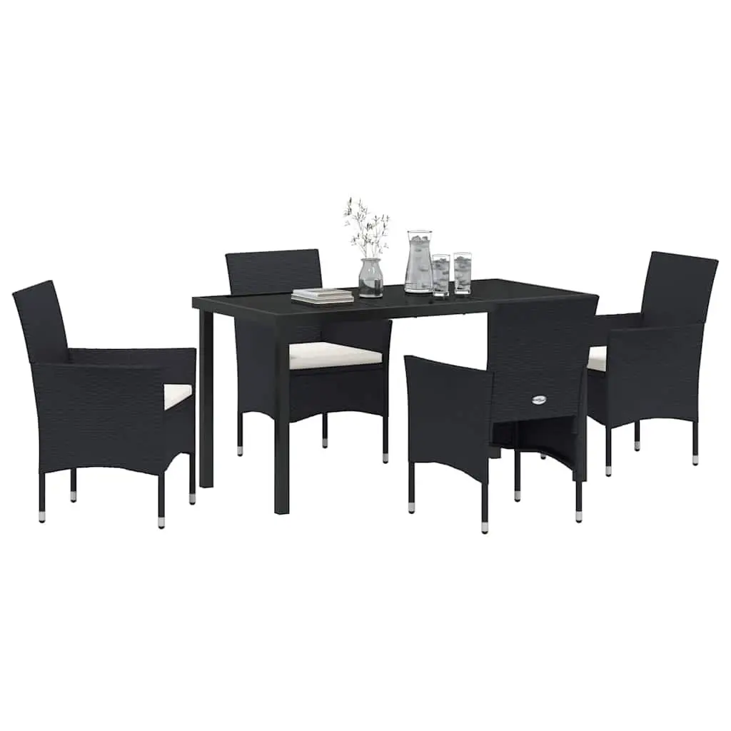 Outdoor Dining Set Black 5 Piece Poly Rattan Garden Furniture with Cushions