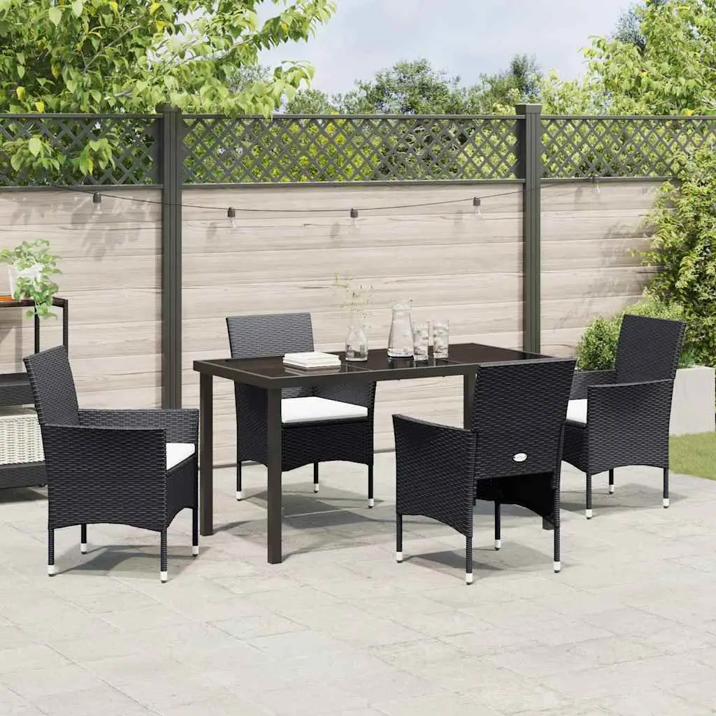 Outdoor Dining Set Black 5 Piece Poly Rattan Garden Furniture with Cushions
