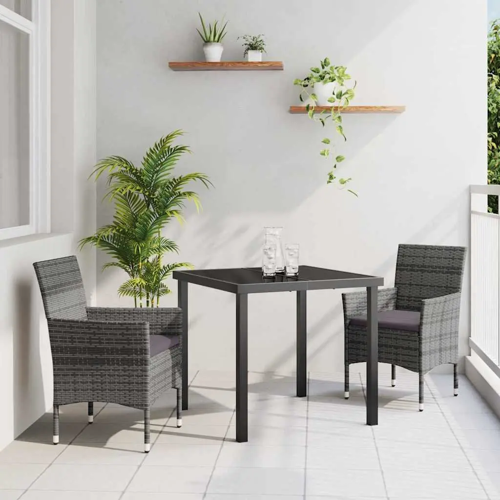 Grey Garden Dining Set 3 Piece Outdoor Furniture with Cushions Poly Rattan and Powder-coated Steel Frame Tempered Glass Table