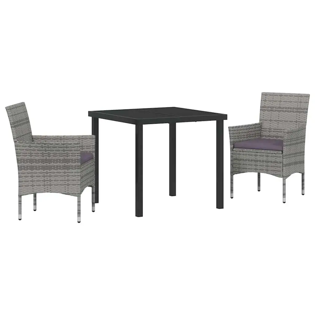Grey Garden Dining Set 3 Piece Outdoor Furniture with Cushions Poly Rattan and Powder-coated Steel Frame Tempered Glass Table