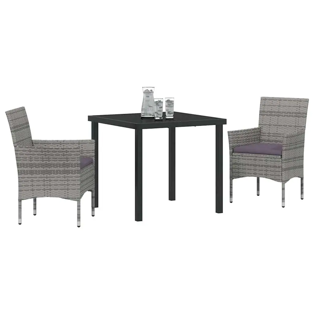 Grey Garden Dining Set 3 Piece Outdoor Furniture with Cushions Poly Rattan and Powder-coated Steel Frame Tempered Glass Table