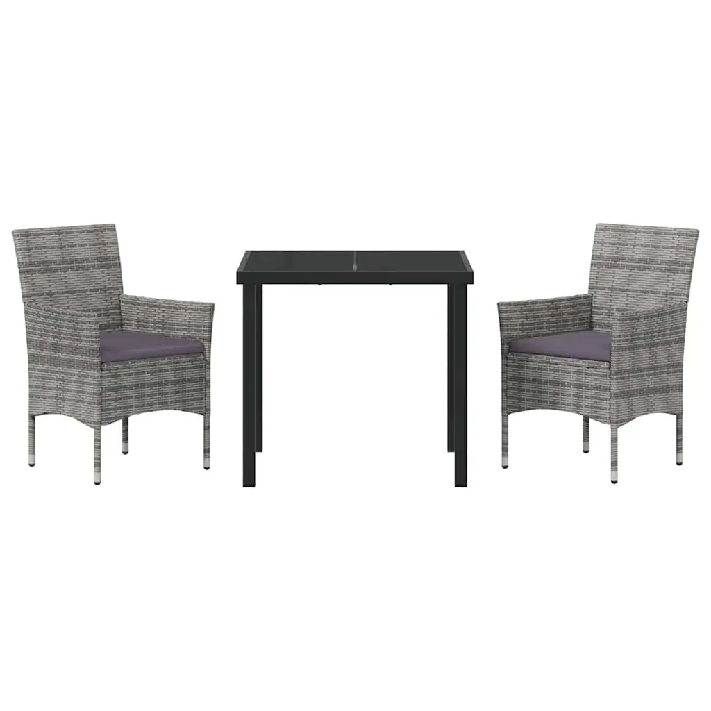Grey Garden Dining Set 3 Piece Outdoor Furniture with Cushions Poly Rattan and Powder-coated Steel Frame Tempered Glass Table