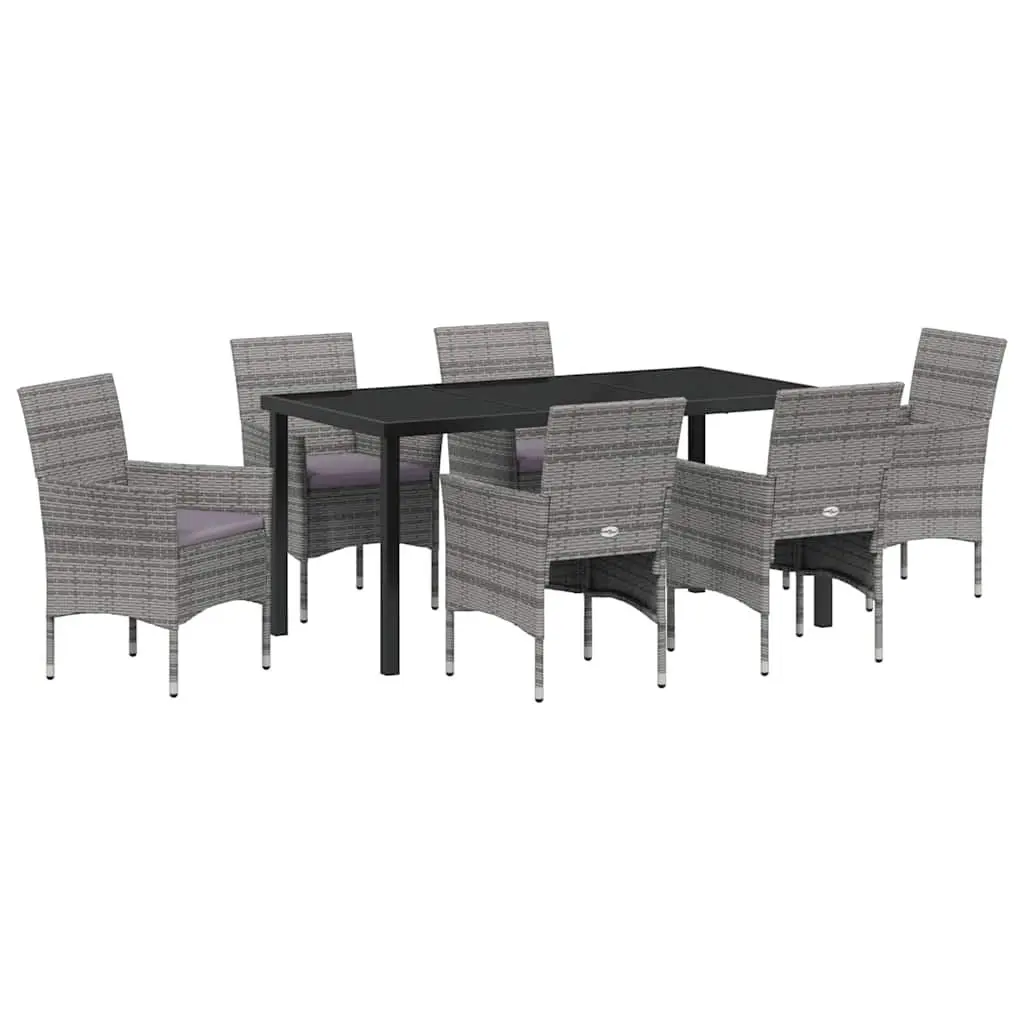 Garden Dining Set 7 Pieces Grey Outdoor Furniture with Cushions Glass Table