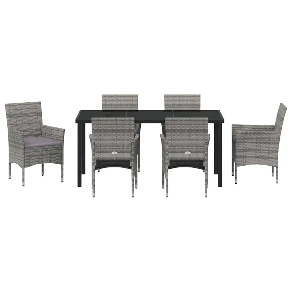 Garden Dining Set 7 Pieces Grey Outdoor Furniture with Cushions Glass Table
