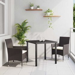 Garden Dining Set 3 Pieces Outdoor Furniture Brown Poly Rattan Tempered Glass