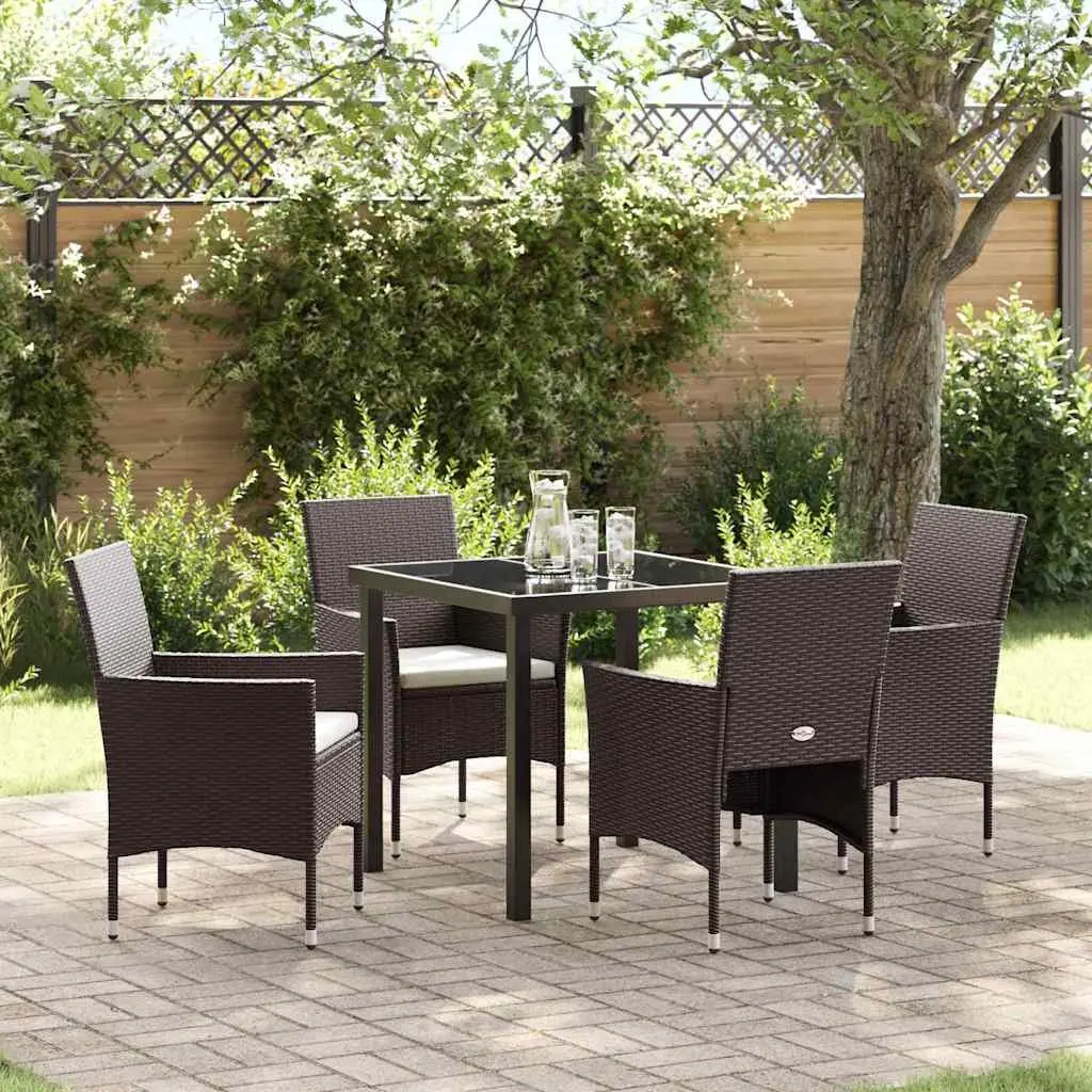 Outdoor Dining Set Brown 5 Pieces Poly Rattan Tempered Glass Table Chairs