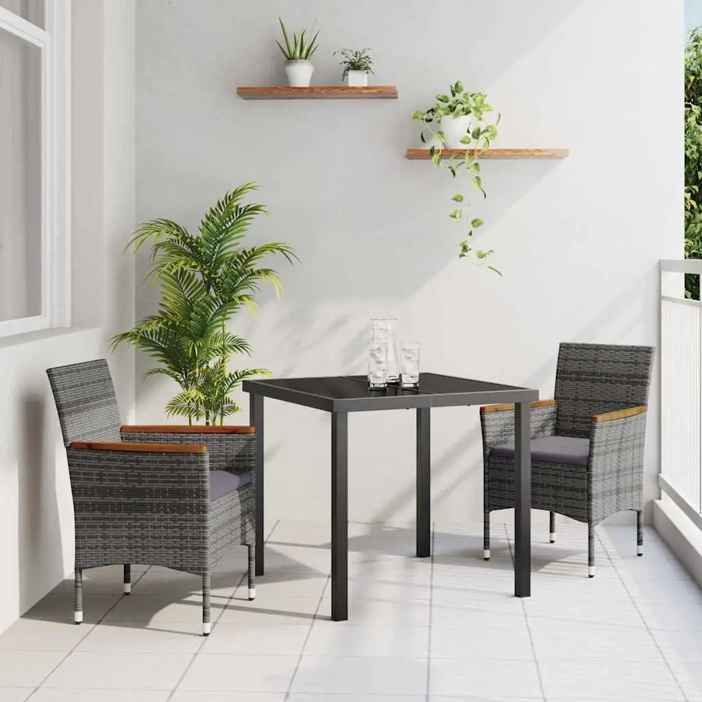 Garden Dining Set 3 Pieces Outdoor Patio Furniture Grey Poly Rattan Glass Table