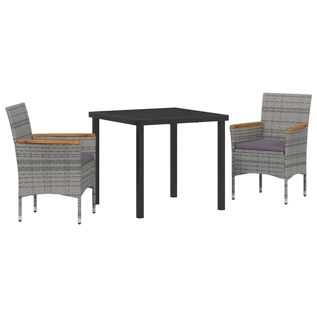 Garden Dining Set 3 Pieces Outdoor Patio Furniture Grey Poly Rattan Glass Table