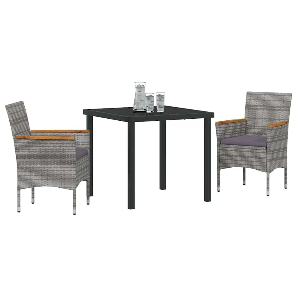 Garden Dining Set 3 Pieces Outdoor Patio Furniture Grey Poly Rattan Glass Table