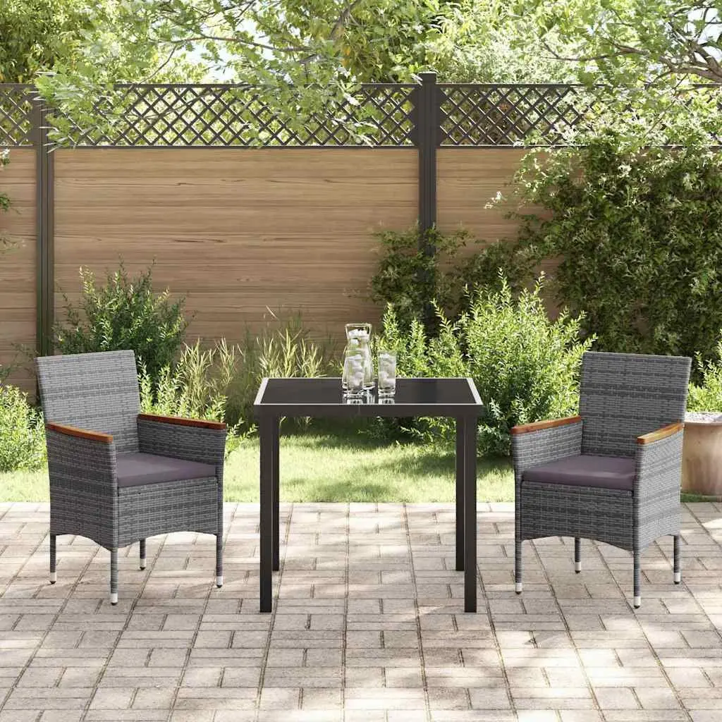 Garden Dining Set 3 Pieces Outdoor Patio Furniture Grey Poly Rattan Glass Table