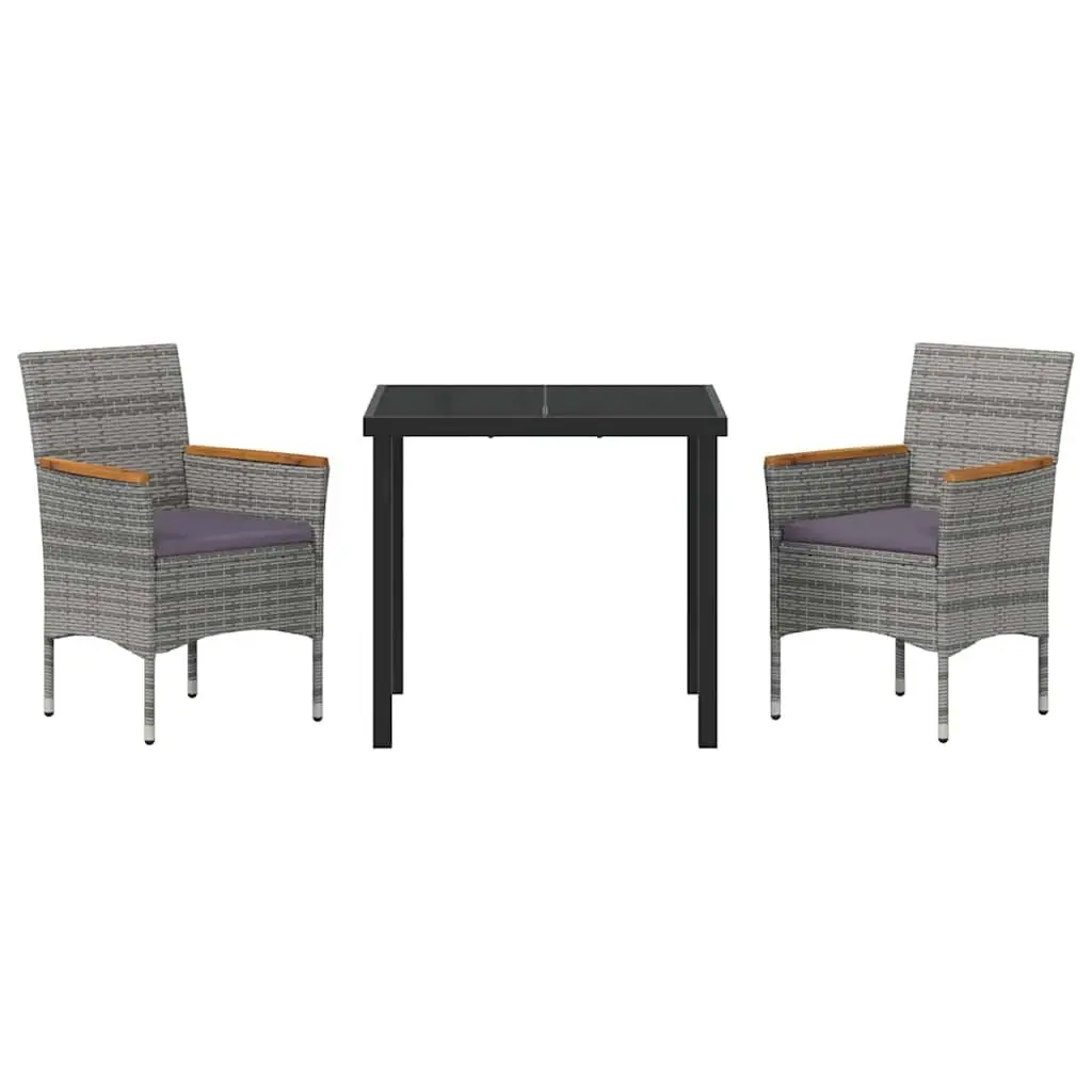 Garden Dining Set 3 Pieces Outdoor Patio Furniture Grey Poly Rattan Glass Table