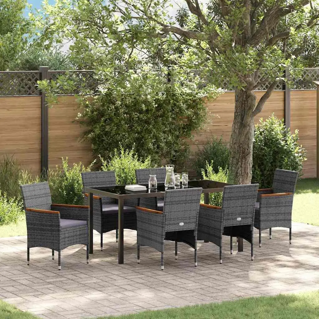 Garden Dining Set Grey 7 Piece Outdoor Furniture Poly Rattan Steel Frame Glass Tabletop