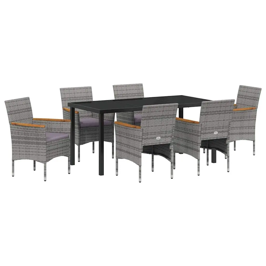 Garden Dining Set Grey 7 Piece Outdoor Furniture Poly Rattan Steel Frame Glass Tabletop