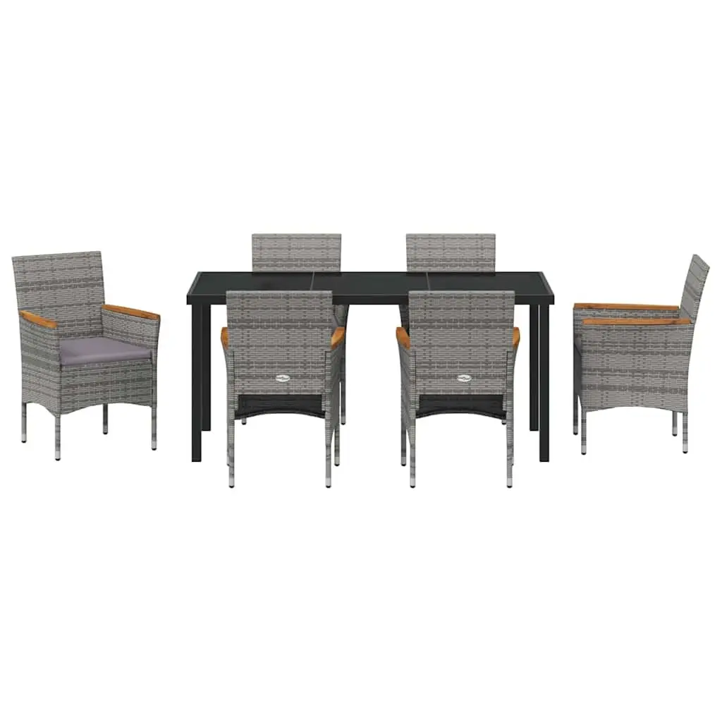 Garden Dining Set Grey 7 Piece Outdoor Furniture Poly Rattan Steel Frame Glass Tabletop