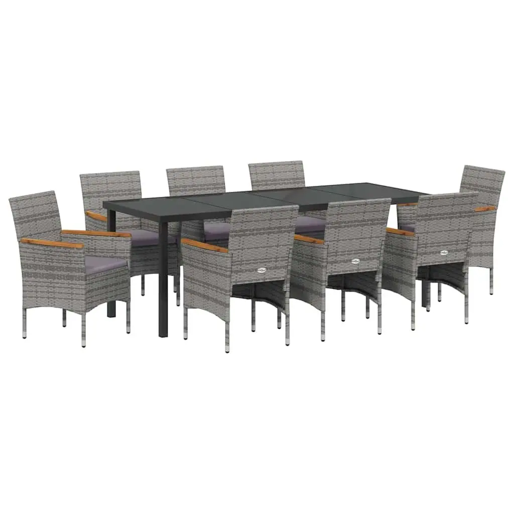 Garden Dining Set 9 Pieces Outdoor Patio Furniture Grey Poly Rattan Glass Top