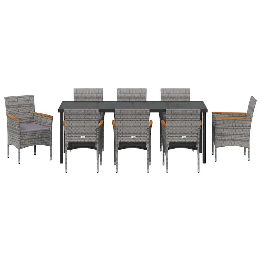 Garden Dining Set 9 Pieces Outdoor Patio Furniture Grey Poly Rattan Glass Top