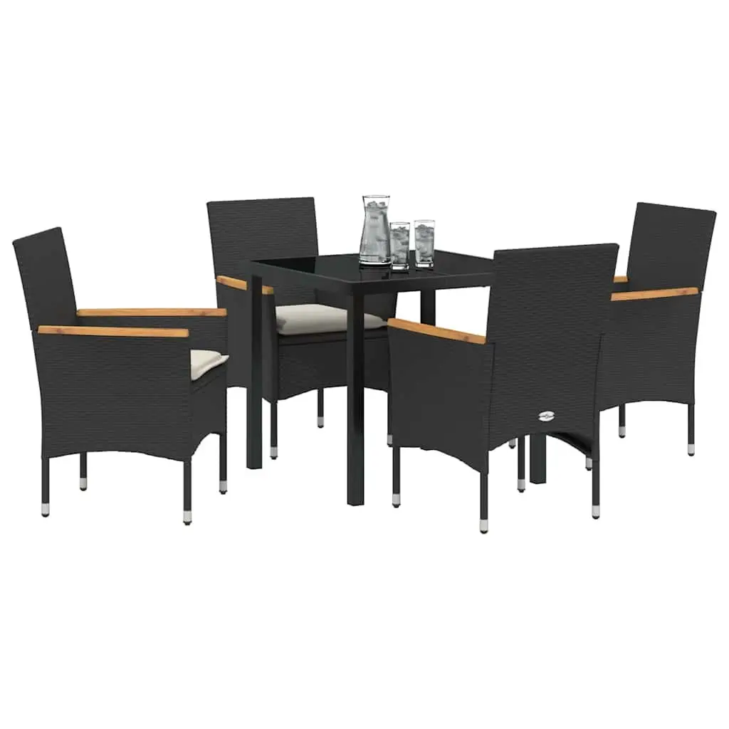 Garden Dining Set Black 5 Piece Outdoor Furniture Poly Rattan Cushioned Seats Glass Table