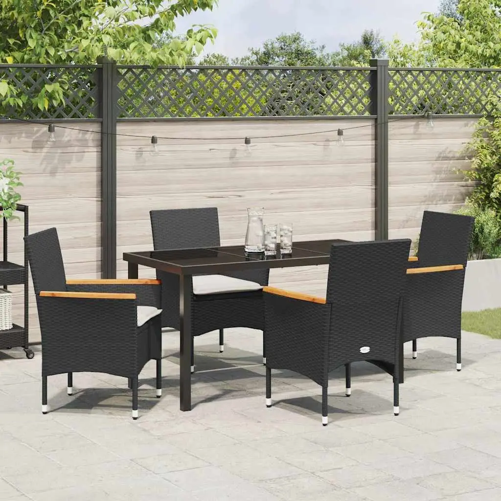 Garden Dining Set Black 5 Piece Outdoor Furniture Poly Rattan Cushioned Seats Glass Table