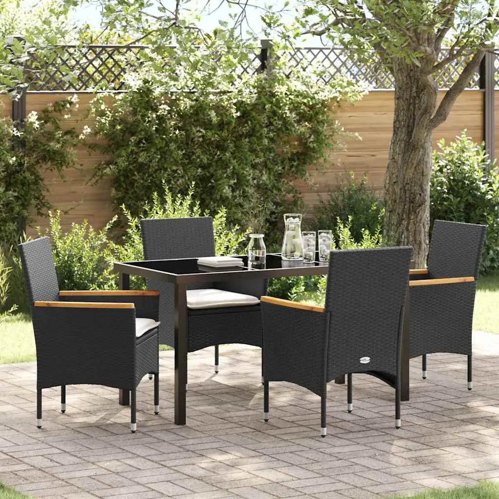 Garden Dining Set 5 pcs Black Poly Rattan with Cushion Tempered Glass Table