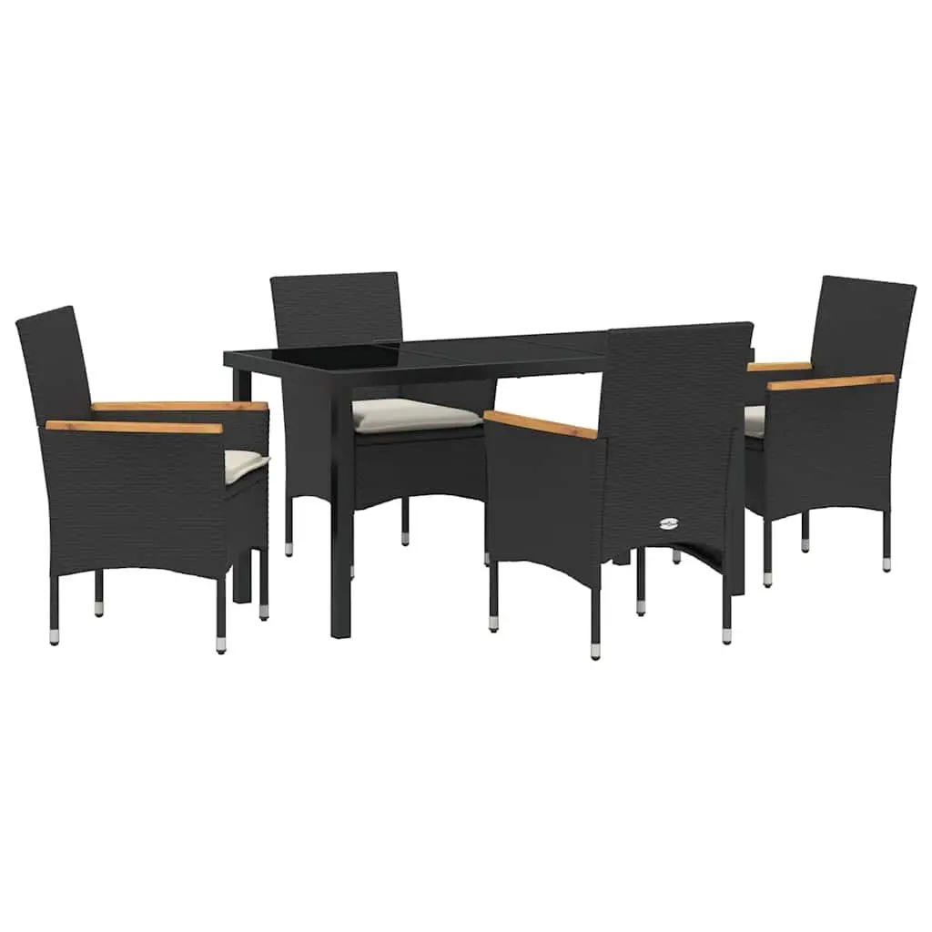 Garden Dining Set 5 pcs Black Poly Rattan with Cushion Tempered Glass Table