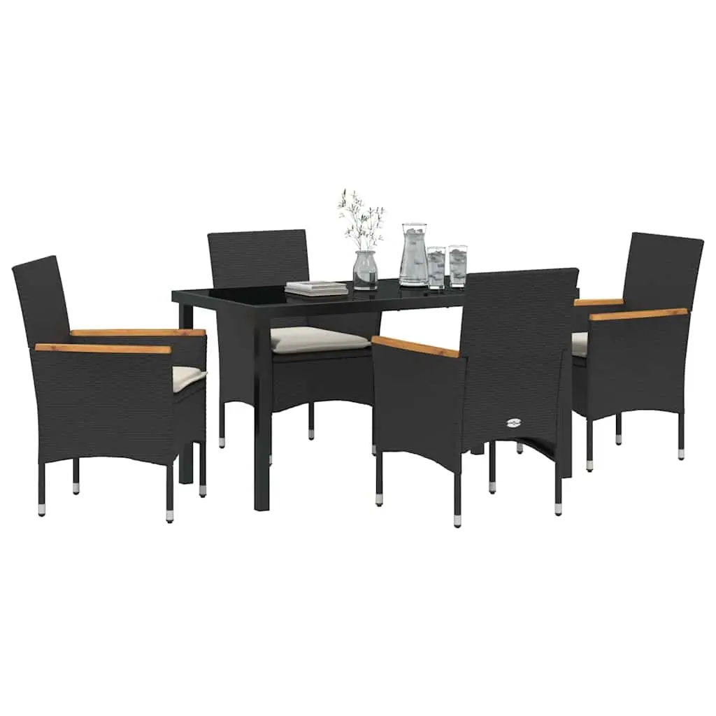 Garden Dining Set 5 pcs Black Poly Rattan with Cushion Tempered Glass Table