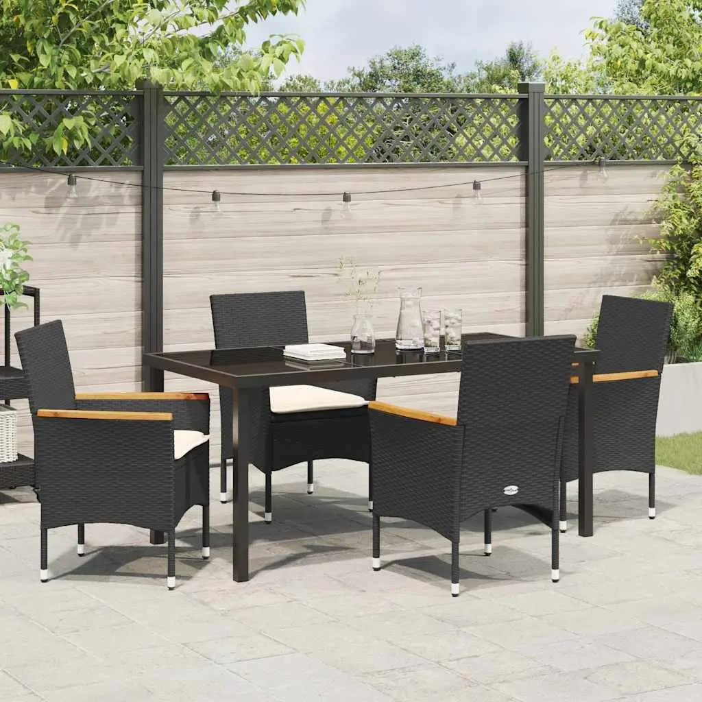 Garden Dining Set 5 pcs Black Poly Rattan with Cushion Tempered Glass Table