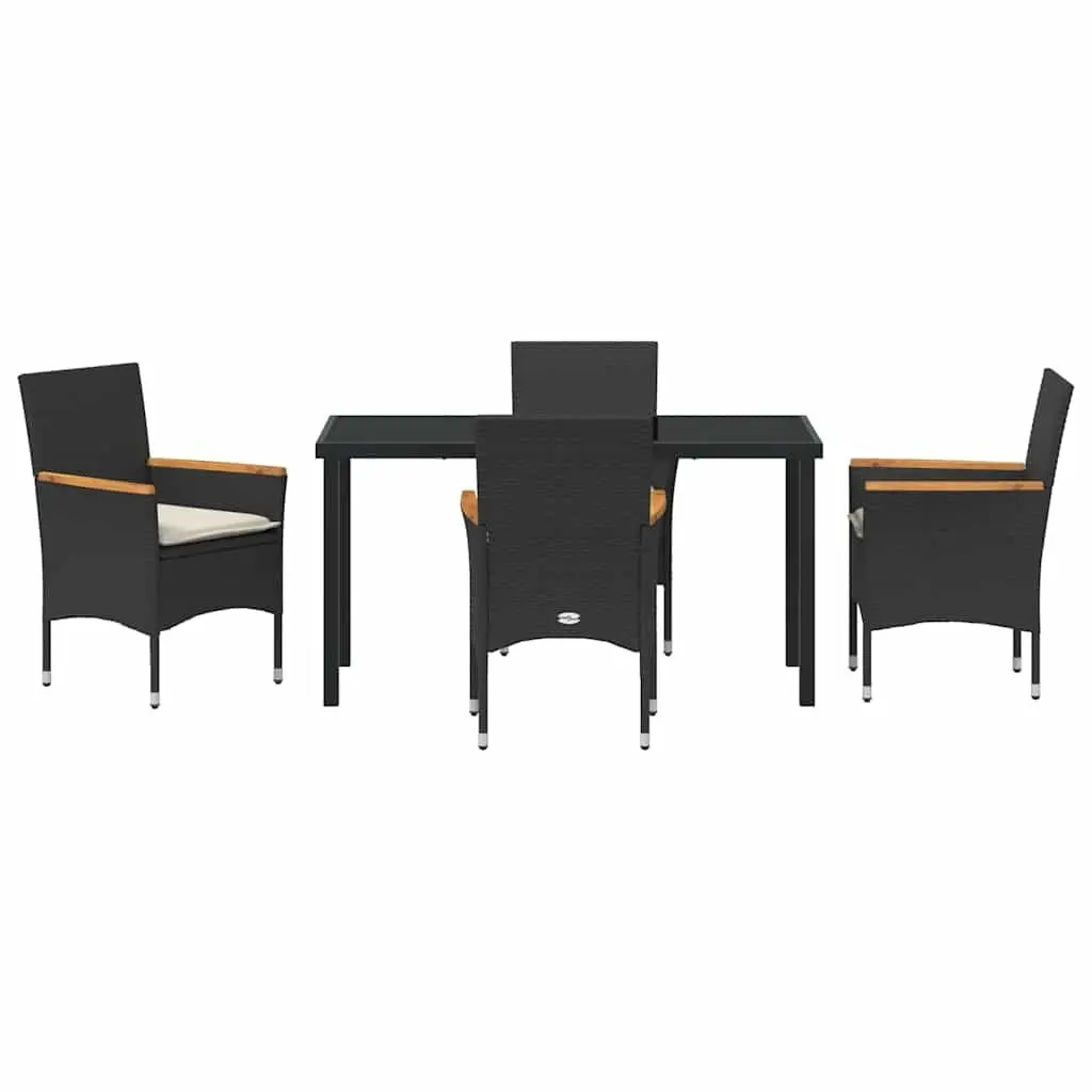 Garden Dining Set 5 pcs Black Poly Rattan with Cushion Tempered Glass Table