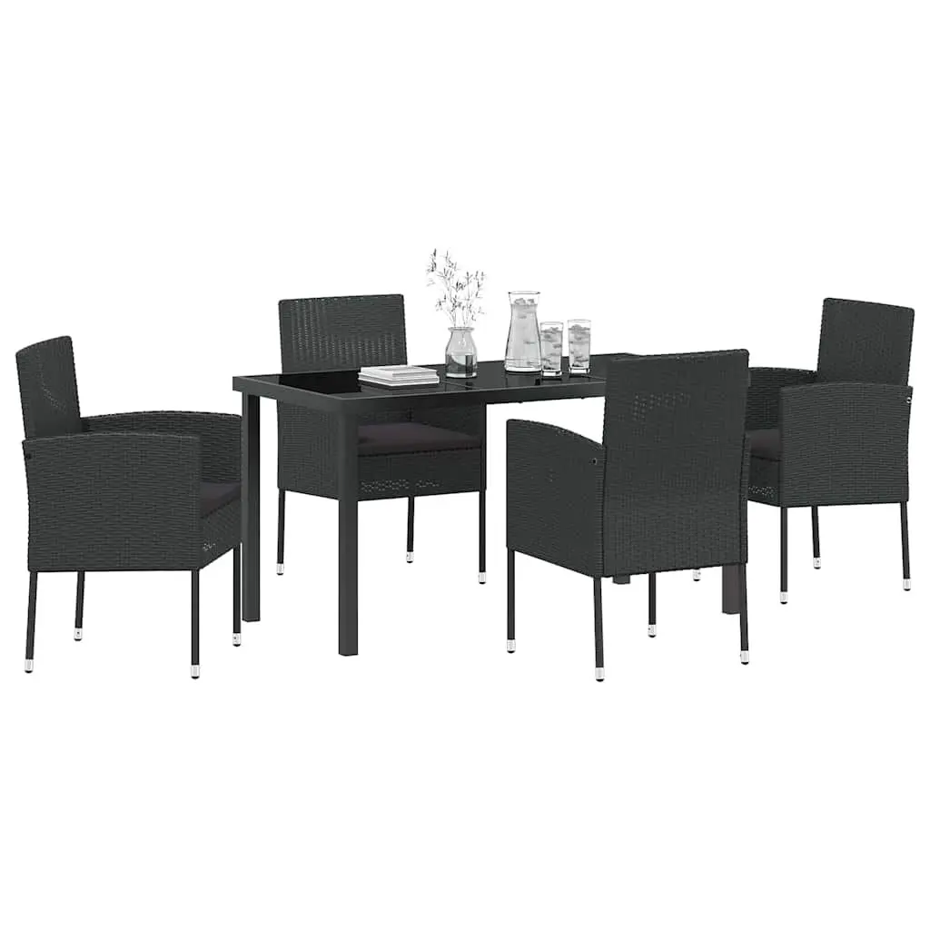 5 Piece Outdoor Dining Set Black Poly Rattan Garden Patio Furniture with Glass Top